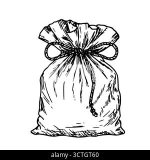 Sac en toile attaché avec ficelle, croquis noir et blanc. Illustration vectorielle. Emballage pour stocker de la nourriture et des cadeaux, isolé sur fond blanc. Nourriture et Illustration de Vecteur