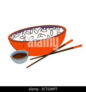 Vecteur riz chinois dans un bol avec des baguettes. Nourriture avec sauce soja et grain blanc. Cuisine asiatique ou cuisine chinoise. Icône de menu de restaurant ou panneau de repas oriental de rue. Elément de plat pour recette de cuisson. Illustration de Vecteur