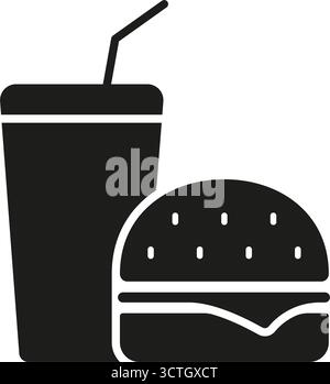 Icône Burger and Soda Solid. Symbole repas rapide, restauration rapide et boisson à emporter. Cuisine américaine, habitudes alimentaires décontractées, Junk Food Illustration de Vecteur