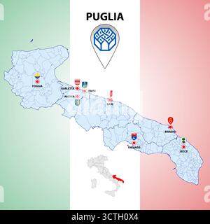 Pouilles, Italie, carte régionale et symboles de la région et des villes, illustration vectorielle Illustration de Vecteur