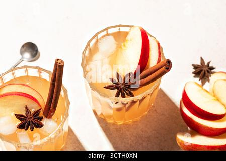 Cocktail de pommes d'automne ou boisson mocktail avec cannelle. Cidre de pomme fumé épicé, vue de dessus, espace de copie. Banque D'Images