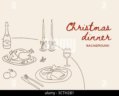 Scène de table de dîner de Noël fantaisiste doodle avec dinde rôtie festive, bougies, vin, décor de vacances. Illustration saisonnière confortable pour les invitations Illustration de Vecteur