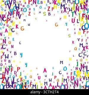 Lettres tombantes de la langue anglaise. Caractères volants enfantins colorés de l'alphabet latin. Concept d'étude des langues étrangères. Bannière de retour à l'école sur fond blanc. Illustration de Vecteur