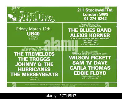 Fair Deal à Stockwell Road, Londres, les annonces de concert correspondent à 1982. UB40, The Blues Band, Alexis Korner, Jools Holland, Tremeloes, Troggs, Wilson Pickett, Sam n Dave, Carla Thomas, Eddie Floyd. Le Brixton Astoria a rouvert ses portes en 1981 en tant que salle rock appelée Fair Deal avec un concert d'UB40 et une restauration intérieure. Le site a fermé plus tard en 1982 en raison de dettes. En 1983, elle l'a rouverte sous le nom de Brixton Academy. Banque D'Images