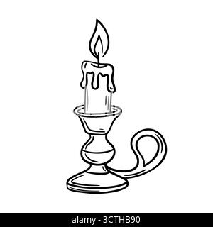 Un simple dessin au trait d'une bougie dans un support. La bougie a une flamme et de la cire coulant sur les côtés. Le support est doté d'une poignée pour un transport facile. Illustration de Vecteur