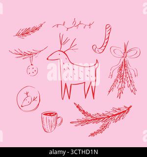 Jeu de doodle linéaire vectoriel fantaisiste Noël. Renne, branches de sapin, biscuits au cacao, guirlande. Illustration de Vecteur