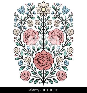 Illustration vectorielle de contour d'un arrangement floral décoratif avec des couleurs pastel. Carte colorée contour avec pivoines et marguerites pour cartes postales et St Illustration de Vecteur