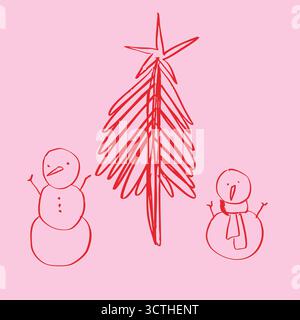 Jeu de doodle linéaire vectoriel fantaisiste Noël. Bonhommes de neige et sapin de Noël dessinés dans un style enfantin. Illustration de Vecteur