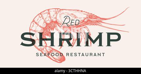 Crevettes, fruits de mer, croquis. Imprimé rétro vintage Illustration de Vecteur