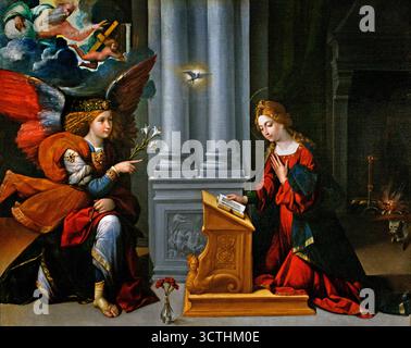 Annonciation (1528) Garofalo - Benvenuto Tisi (ou il Garofalo) (1481 – 1559 Italie Annonciation italienne, bénie, Vierge Marie, l'annonce par l'ange Gabriel, Marie qu'elle concevrait, porte un fils par une naissance vierge, devient la mère de Jésus Christ, Messie chrétien et fils de Dieu, incarnation, Banque D'Images