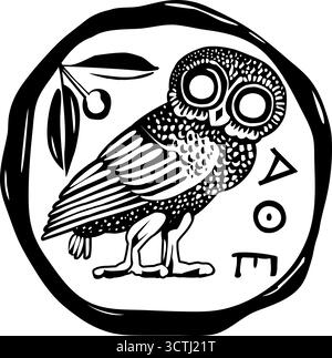 Pièce grecque antique avec hibou et branche d'olivier. Symbole vintage de hibou dans la pièce d'Athènes. Noir et blanc. Symbole antique, pièce d'argent tetradrachm. Illustration de Vecteur