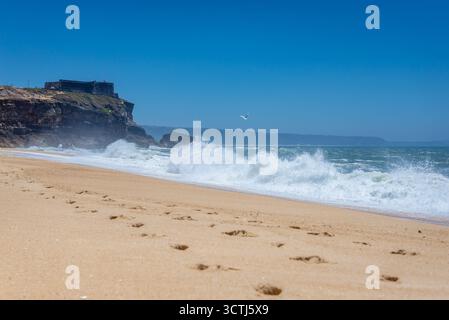 North Beach célèbre pour ses vagues géantes dans la ville de Nazare sur la Côte d'argent, région d'Oeste au Portugal, vue avec fort de Saint Michel l'Archange Banque D'Images