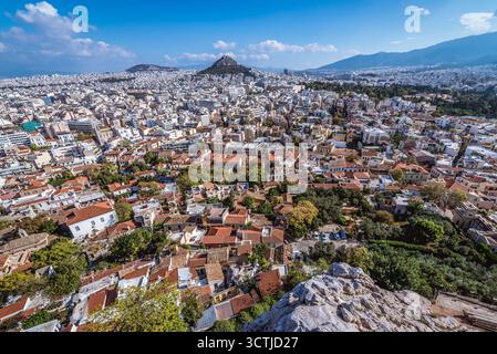 Paysage urbain d'Athènes, vue de l'Acropole avec la montagne Lycabette, Grèce Banque D'Images