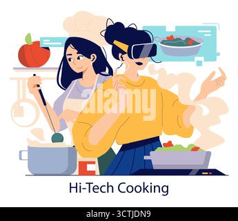 Deux personnes cuisinent dans une cuisine futuriste, l'une utilisant des lunettes de réalité virtuelle pour améliorer l'expérience culinaire. Cette illustration vectorielle relie la cuisine et la technologie de manière créative. Illustration de Vecteur