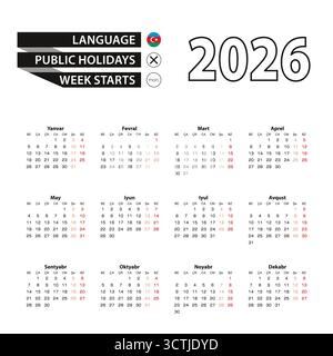 Calendrier 2026 en langue azerbaïdjanaise, la semaine commence le lundi. Calendrier vectoriel 2026 année. Illustration de Vecteur