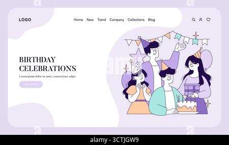 Illustration vectorielle de personnes célébrant un anniversaire avec des chapeaux de fête, gâteau et cadeaux. Des expressions joyeuses et des décorations festives soulignent le plaisir et l'excitation de l'événement. Illustration de Vecteur