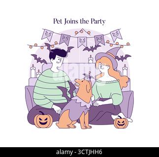 Illustration vectorielle d'une fête d'Halloween avec un animal de compagnie vêtu d'un costume, assis entre deux personnes joyeuses. La scène est décorée avec des décorations festives comme des chauves-souris, des citrouilles et des bougies. Illustration de Vecteur