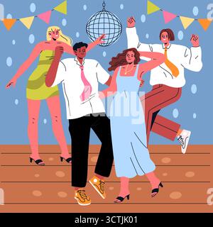 Illustration vectorielle animée d'amis profitant d'une fête, dansant énergiquement sous un bal disco, exprimant la joie et le bonheur par le mouvement sur la piste de danse, dans un décor festif. Illustration de Vecteur