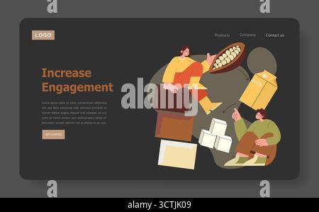 Illustration vectorielle de deux professionnels dans un espace de travail créatif engagé dans la collaboration commerciale. La scène comprend divers éléments comme des cartons de lait, des emballages et des fèves de cacao pour symboliser le travail d'équipe. Illustration de Vecteur