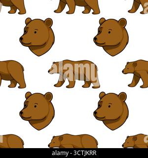 Motif vectoriel sans couture avec de charmants ours bruns de bande dessinée dans diverses poses, y compris des profils de corps et de tête complets, contre une grotte blanche propre Illustration de Vecteur