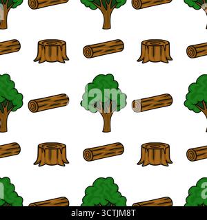 Modèle vectoriel sans couture avec des arbres de style bande dessinée, des bûches et des souches sur un fond blanc, adapté aux conceptions sur le thème de la nature. Illustration de Vecteur