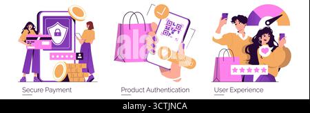 Illustration vectorielle illustrant des méthodes de paiement numériques sécurisées et une expérience utilisateur positive. Met en scène des personnes avec des expressions faciales montrant satisfaction et confiance dans les transactions électroniques. Illustration de Vecteur