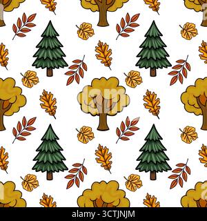 Modèle vectoriel sans couture avec des arbres d'automne stylisés et des feuilles tombantes colorées. Illustration de Vecteur