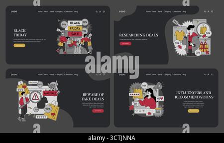 Ensemble d'illustrations vectorielles mettant en évidence les activités de magasinage du vendredi fou avec les acheteurs recherchant des offres. Les concepts incluent l'identification des ventes et des fausses offres potentielles tout en procédant à des comparaisons de prix. Idéal pour une utilisation promotionnelle. Illustration de Vecteur