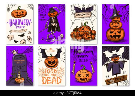 Cartes d'invitation de fête d'Halloween, bannière d'affiche ou modèle pour les vacances. Citrouilles et toile d'araignée, effrayantes effrayantes illustrations dessinées à la main. Fantômes et Illustration de Vecteur
