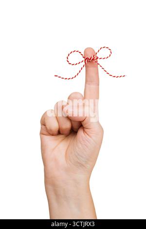 Arc de corde de Noël rouge et blanc sur le signe de pointage des doigts isolé sur fond blanc Banque D'Images