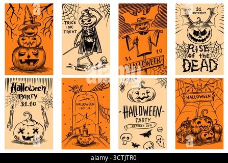 Cartes d'invitation de fête d'Halloween, bannière d'affiche ou modèle pour les vacances. Citrouilles et toile d'araignée, effrayantes effrayantes illustrations dessinées à la main. Fantômes et Illustration de Vecteur
