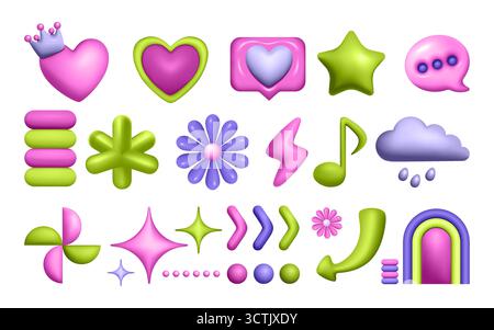 Collection colorée d'éléments 3D avec des coeurs fleurs et des symboles Illustration de Vecteur