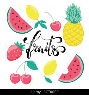 ensemble de fruits, symbole de l'été. Fruits calligraphie dessinée à la main et lettrage au stylo pinceau. Illustration de Vecteur