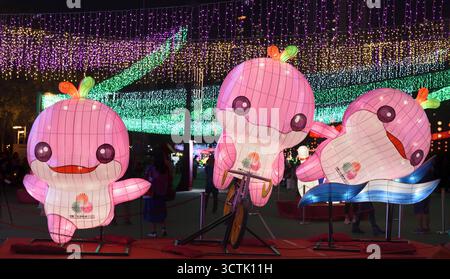 Lerongrong, mascotte officielle des 15es Jeux nationaux de la République populaire de Chine, en sections de triathlon, s'est illuminée dans Victoria Park, Hong Kong Banque D'Images