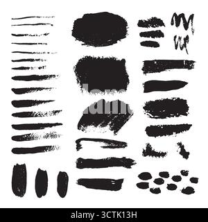 Ensemble vectoriel de peinture noire grunge, coups de pinceau à encre. collection coups de pinceau. Éléments de conception artistique grunge sales, arrière-plans, textures, pinceaux Illustration de Vecteur