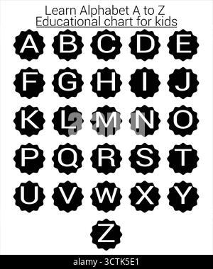 Apprendre Alphabet A à Z – Tableau vectoriel éducatif noir et blanc pour les enfants. Parfait pour les affiches, les flashcards, les feuilles de travail et les projets de conception pédagogique Illustration de Vecteur