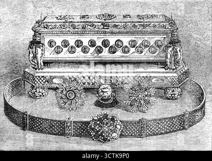 Bijoux pour le roi du Siam, 1883. Mr. J. W. Benson... a récemment envoyé... les magnifiques bijoux suivants. Une gigantesque bague brillante, destinée à être portée par sa Majesté lors de la cérémonie de l'ordre sacré des neuf gemmes, probablement la plus grande bague jamais fabriquée. L'énorme diamant mesurait 1¼ ; pouce. À travers ; son poids était de 66 carats... l'ensemble formant l'emblème des neuf pierres précieuses sacrées. Deux autres splendides décorations brillantes - l'une l'étoile ou l'insigne de l'ordre des Chakri Kri, et l'autre l'étoile ou l'insigne de l'ordre des neuf gemmes... Une ceinture d'or solide... plus d'un th Banque D'Images