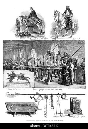 Croquis dans l'armurerie et le musée de la Tour de Londres, 1883. Queen Elizabeth &amp ; page ; James II ; modèle d'un tournoi ; quelques groupes dans l'armurerie de cheval ; Poleaxe ; modèle de rack ; vis à oreilles ; Bilboes; Scavenger's Daughter ; Iron Collar ; Block, axe and Mask...[in] The Horse Armoury... sont rangés vingt-deux personnages équestres grandeur nature, vêtus de véritables costumes d'armure de chevalier... dans un autre endroit se trouve la figure de la reine Elizabeth, à cheval, dans les robes qu'elle portait lors d'une de ses somptueuses visites à la City de Londres. Ceci est représenté parmi les sujets de nos esquisses, AS Banque D'Images
