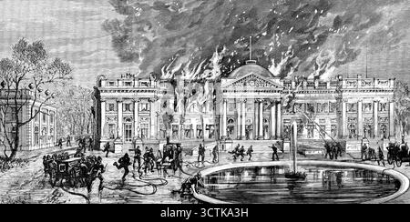 Le Palais Royal de Laeken, Bruxelles, détruit par un incendie, 1890. 'Le jour de l'an... un incendie accidentellement provoqué a éclaté dans le Palais Royal... qui a été entièrement détruit. Le roi Léopold Ier et sa reine, étaient dans leur palais royal de la ville... sa Majesté partit aussitôt pour Laeken, où elle arriva seulement pour assister à la destruction complète de la résidence préférée de la famille royale, et pour s'assurer de la sécurité de sa fille, qui a dix-sept ans. Cette jeune femme, la princesse Clémentine, prenait le déjeuner avec sa gouvernante, Mdlle. Drancourt, au moment de l'incendie, et a réussi Banque D'Images
