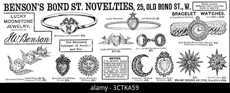 Publicité pour les nouveautés Benson's Bond réunies, 1890. '25, OLD BOND ST., W. Veuillez mentionner la référence lors de la demande de marchandises sur approbation. BIJOUX LUCKY MOONSTONE, ORIGINAIRE DE J. W. BENSON. [Bague] pierres de lune anu Diamonds, £10. MONTRES-BRACELETS. Une magnifique sélection de £10 à £100. Nouveau catalogue illustré de nouveautés posté gratuitement. Lucky Moonstone et Brilliants, £13 13s. Liens diamant et pierre de lune, £25. Chérubins en pierre de lune - ailes d'or, £8. 8s. Diamond Wings, £21. Pierre de lune et broche brillante, £18. Lucky Moonstone, Brilliants, £18. AVIS. J. W. Banque D'Images