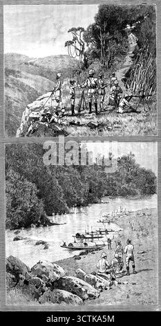 Avec l'expédition de Lushai : groupe de signalisation avec l'héliographe ; campement à Outan Chitra, sur la rivière Kurnafuli, 1890. 'Les différentes Nations et tribus d'alpinistes sauvages habitant les hautes terres entre Chittagong... et la frontière occidentale de la haute Burmah, sont de race presque alliées. Les Lushais, les Shendus et les Kukis ont souvent causé beaucoup de problèmes au gouvernement du Bengale ; et les mentons persistent dans leurs raids en maraude, vers l'est, dans les territoires sous protection britannique à Burmah, jusqu'au Chindwin, un affluent de la rivière Irrawaddy. Expéditions pour punir ces deux hostiles Banque D'Images