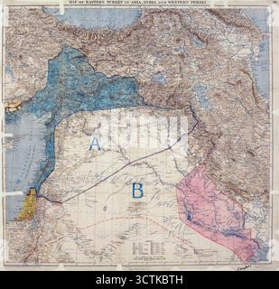Carte de la Turquie orientale en Asie, Syrie et Perse occidentale, 8 mai 1916. Carte montrant les zones de contrôle et d'influence convenues entre les Britanniques et les Français. 1 article (pièce jointe dans la lettre de Paul Cambon à Sir Edward Grey, 9 mai 1916) montrant des montagnes, des défilés, des rivières, des lacs, des marécages, mers, oueds, anciens canaux (secs), la dépression du Jourdain, villes, villages, châteaux, ponts, routes principales, chemins de fer, les lignes télégraphiques et les frontières, y compris la frontière approximative entre le territoire persan et turc ; (couvrant maintenant principalement le territoire iranien, irakien, syrien et turc). Tableaux de référence ; lis Banque D'Images