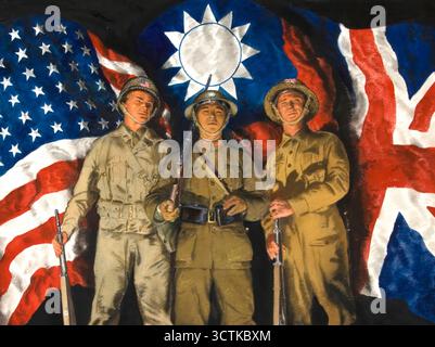 Soldats américains, chinois et britanniques avec drapeaux de leur pays, affiche de la seconde Guerre mondiale, octobre 1943. Banque D'Images