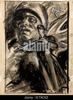 Officier présentant l'épée ; chef du soldat russe avec drapeau rouge et Union Jack, entre 1939 et 1946. Banque D'Images