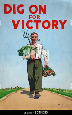 « Dig on for Victory », affiche de la seconde Guerre mondiale, c1939-c1945. En Grande-Bretagne, « creuser pour la victoire » était une initiative gouvernementale qui utilisait des déchets, des jardins ornementaux et des pelouses pour cultiver des légumes. Des terrains de sport et des terrains de golf ont été réquisitionnés pour l'élevage ou le pâturage des moutons. Banque D'Images