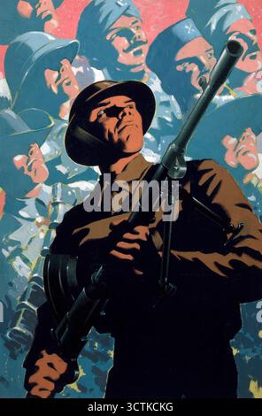 Soldat britannique avec canon bren, soldats alliés en arrière-plan, entre 1939 et 1946. Banque D'Images