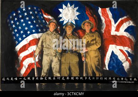 Soldats américains, chinois et britanniques avec des drapeaux de leurs pays, octobre 1943. Banque D'Images