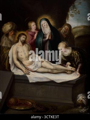 Lamentation du Christ, première moitié du XVIIe siècle. La scène de deuil, selon la tradition, a eu lieu immédiatement après que le Christ décédé ait été enlevé de la croix. À côté de Marie désespérée, consolée par le jeune Saint Jean l'évangéliste, nous voyons Joseph d'Arimathée, un Juif riche et un adorateur secret du Christ, qui a reçu l'approbation de Pilate pour prendre le corps du Christ et l'enterrer dans la tombe de roche préparée pour lui. Il soutient la partie supérieure du corps du Christ posée sur un linteau blanc étendu sur un sarcophage de pierre. Nous voyons Mary Magdalene aux cheveux bleus penchée Banque D'Images