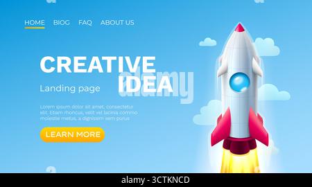 Creative Idea Landing page avec Rocket Launch, parfait pour le démarrage, l'innovation ou les concepts d'affaires. Illustration vectorielle. Illustration de Vecteur