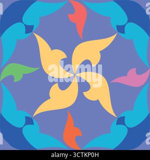 Ce motif vectoriel présente un mandala vibrant avec des pétales jaunes tourbillonnants ressemblant à des flammes ou des oiseaux, accentués en rouge, orange, vert, rose, bleu, an Illustration de Vecteur